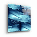 Abstract waves glass wall art by Artdesigna featuring flowing blue and clear glass design suitable for modern interior decor