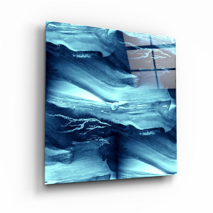 Abstract waves glass wall art by Artdesigna featuring flowing blue and clear glass design suitable for modern interior decor