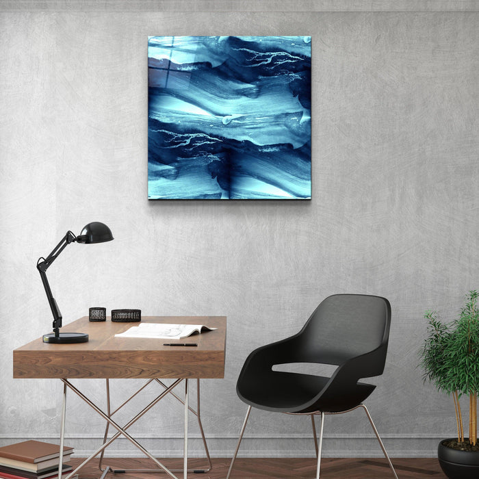 Abstract waves glass wall art by Artdesigna featuring flowing blue and clear glass design for modern interior decor.