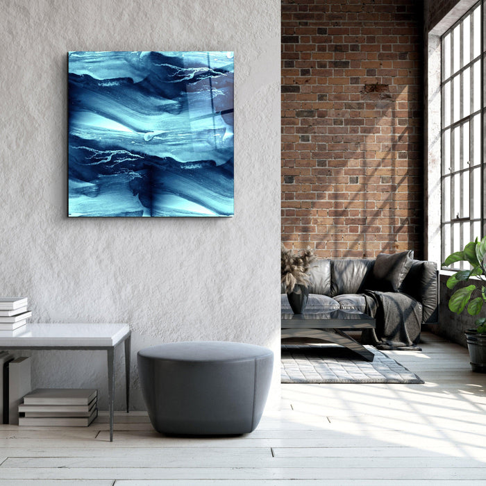 Abstract waves glass wall art by Artdesigna featuring flowing blue and clear glass design for modern wall decoration.