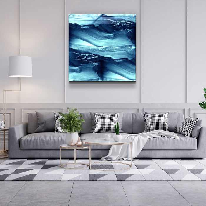Abstract Waves glass wall art by Artdesigna featuring flowing blue and clear glass wave designs for modern interior decor.
