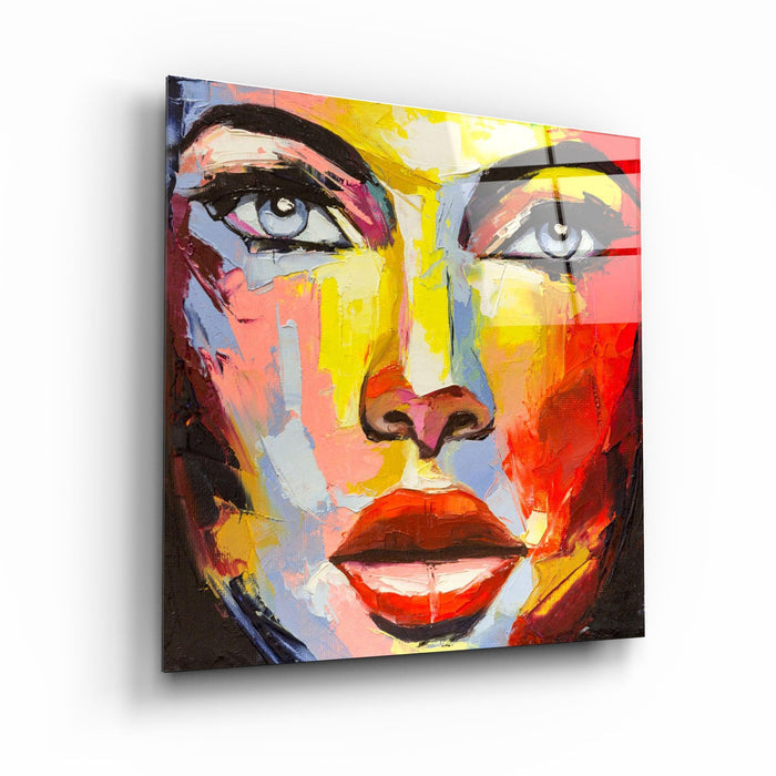 Abstract woman portrait glass wall art by Artdesigna featuring vibrant colors and modern design on a clear glass panel.