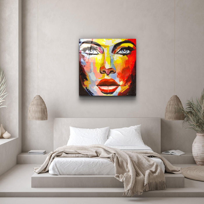 Abstract woman portrait glass wall art by Artdesigna featuring a colorful, modern design on clear glass surface.