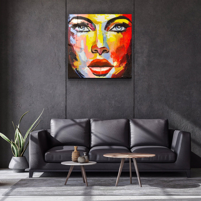 Abstract woman portrait glass wall art by Artdesigna featuring a colorful, modern design on clear glass surface.