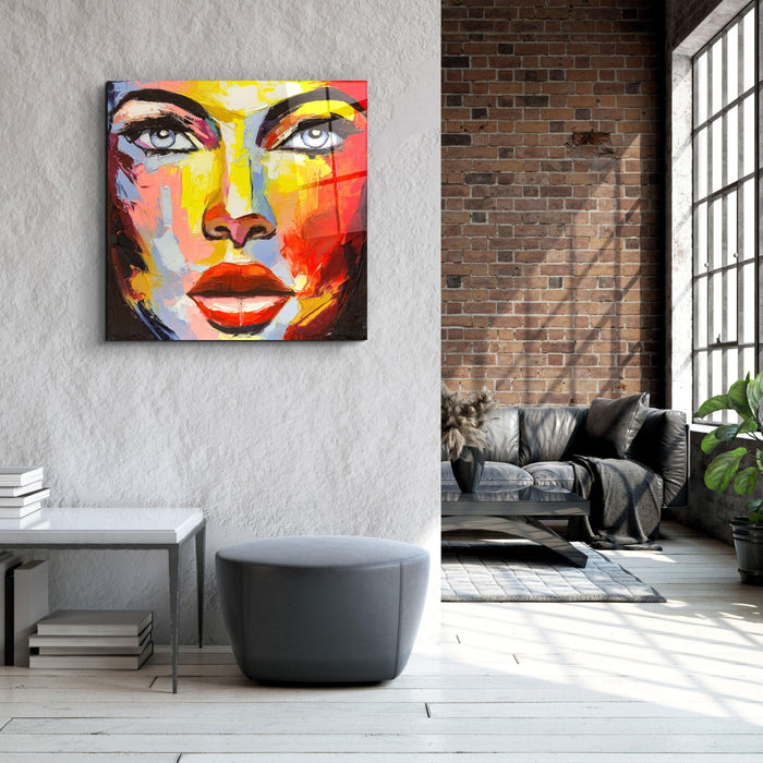 Abstract woman portrait glass wall art by Artdesigna featuring a colorful, modern female face on clear glass panel.