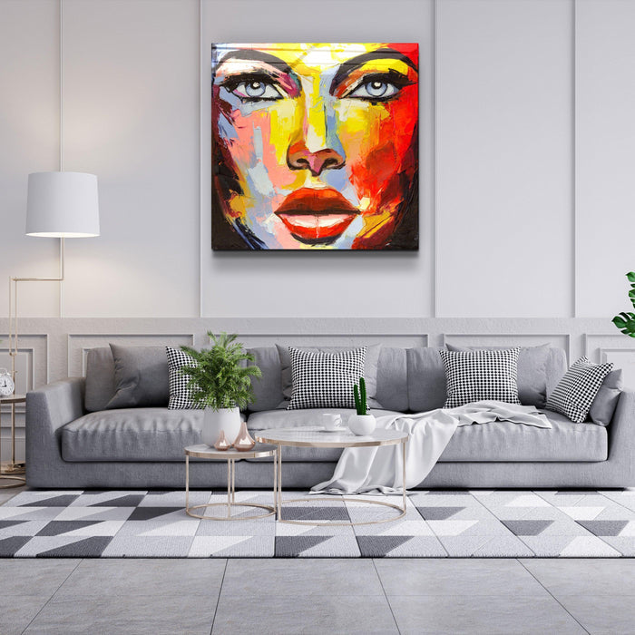 Abstract woman portrait glass wall art by Artdesigna, featuring a colorful, artistic depiction of a woman's face on clear glass.
