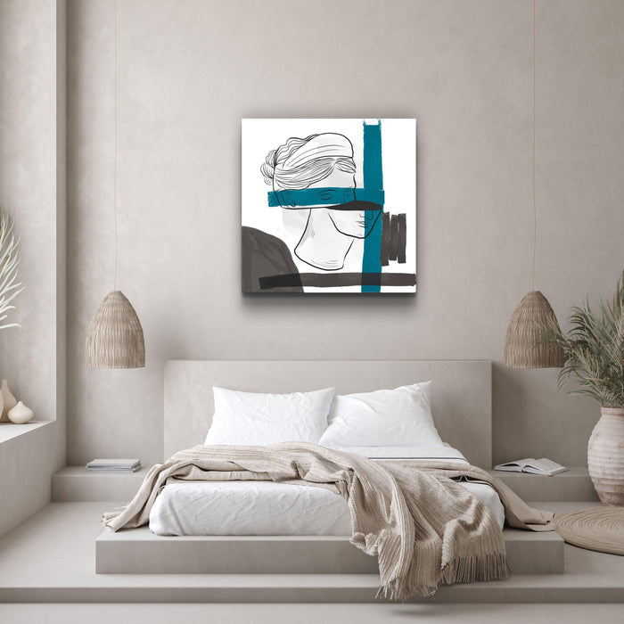 Abstract woman portrait painting on glass wall art by Artdesigna, featuring vibrant colors and modern artistic design.