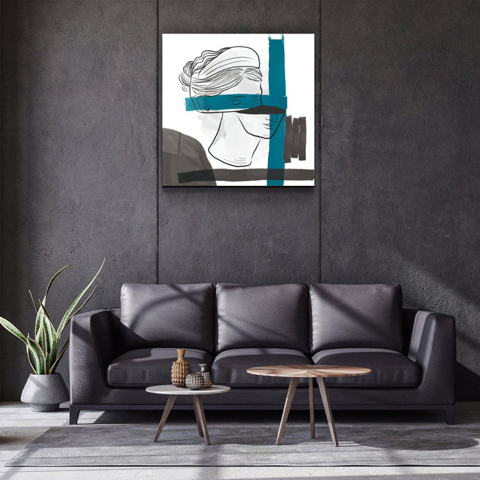 Abstract woman portrait glass wall art by Artdesigna featuring vibrant colors and modern design on clear glass panel.