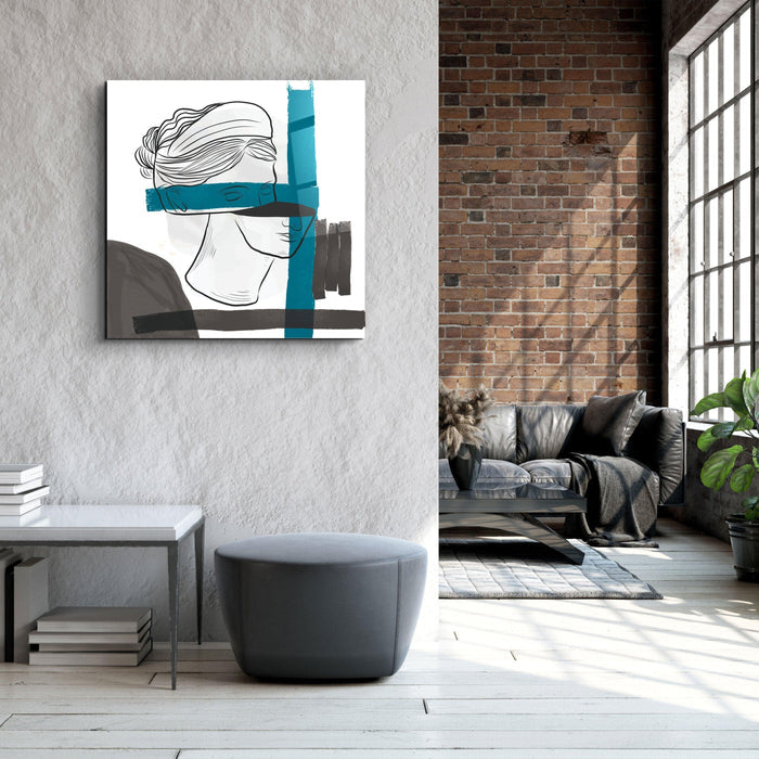 Abstract woman portrait painting on glass wall art by Artdesigna, featuring a colorful, artistic depiction of a woman's face.