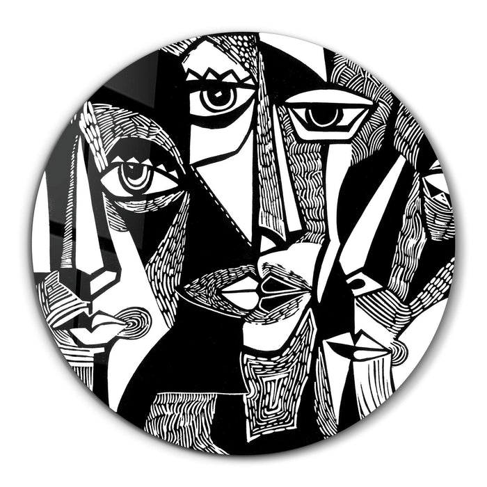 Black and white African faces glass wall art by Artdesigna, featuring rounded design and detailed facial features.