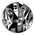 Black and white African faces glass wall art by Artdesigna, featuring rounded design and detailed facial features.