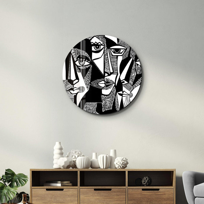 Black and white African faces glass wall art by Artdesigna, featuring rounded design and detailed facial expressions.