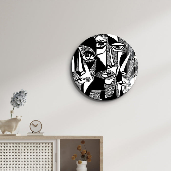 Black and white African faces rounded glass wall art by Artdesigna, featuring detailed African facial expressions on sleek glass.