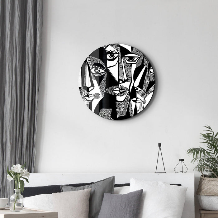 Black and white African faces glass wall art by Artdesigna, featuring rounded design and intricate facial details.