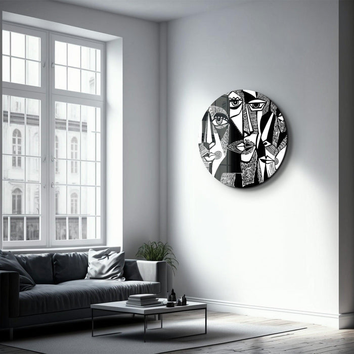 Black and white African faces glass wall art by Artdesigna featuring rounded design, ideal for modern interior decor.