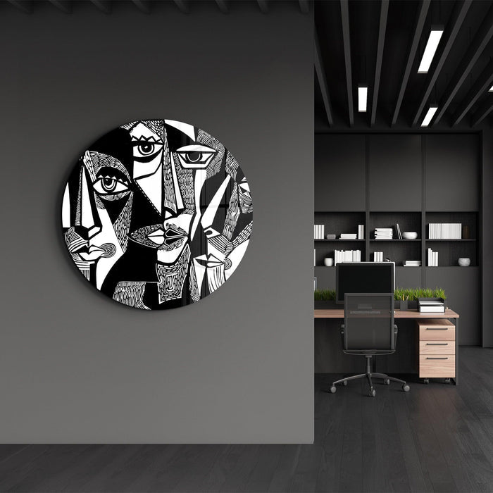 Black and white African faces glass wall art by Artdesigna featuring rounded glass design for wall decor.