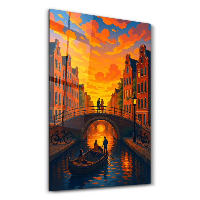Glass wall art titled Amsterdam Glow by HMZ, featuring vibrant, colorful glass artwork showcasing a glowing Amsterdam scene.