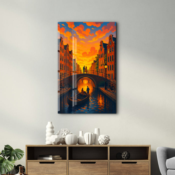 Glass wall art titled Amsterdam Glow by HMZ, featuring vibrant cityscape design in a sleek, modern style.