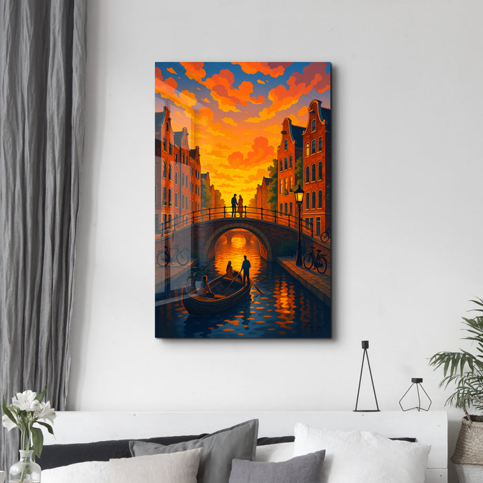 Glass wall art titled Amsterdam Glow by HMZ, featuring vibrant cityscape design in a sleek glass panel.