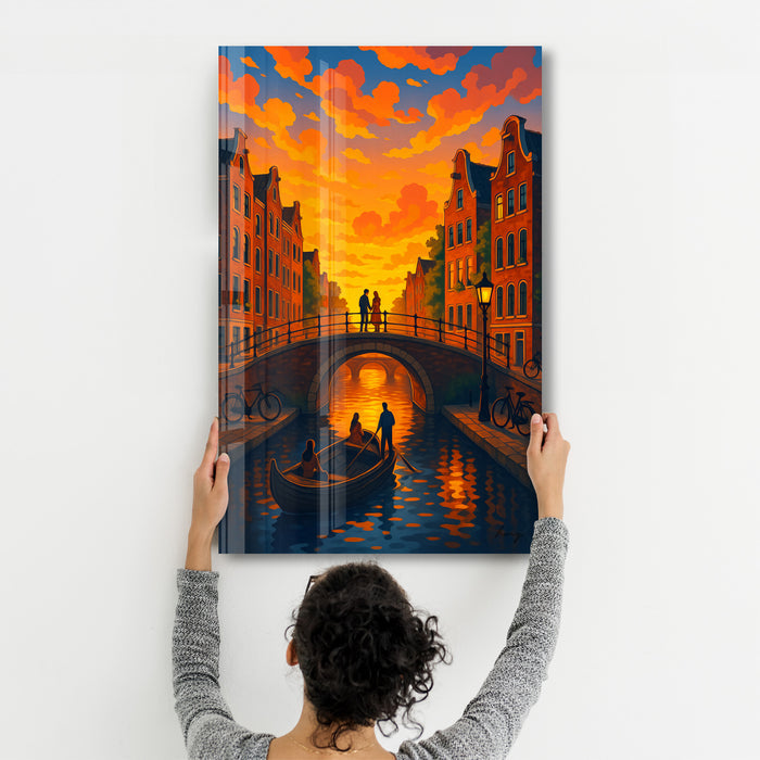 Glass wall art titled Amsterdam Glow by HMZ, featuring vibrant cityscape design in a sleek glass frame.