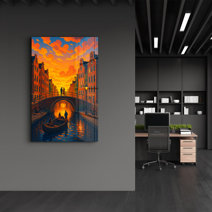 Glass wall art titled Amsterdam Glow by HMZ, featuring vibrant cityscape design, displayed on a modern wall.