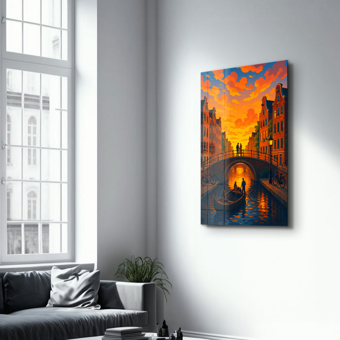 Glass wall art titled Amsterdam Glow by HMZ, featuring colorful illuminated cityscape design in a sleek glass frame.