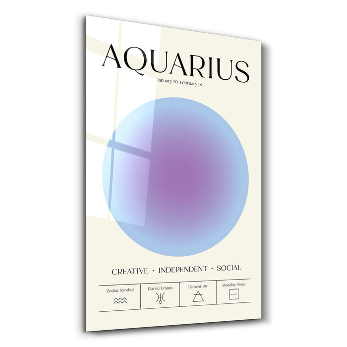 Aquarius zodiac glass wall art from Artdesigna's Aura Collection featuring a sleek, artistic Aquarius symbol in clear glass.