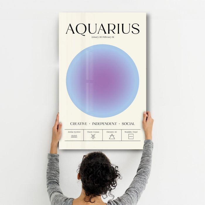Aquarius zodiac glass wall art from the Aura Collection by Artdesigna, featuring a vibrant, artistic glass design for wall decor.