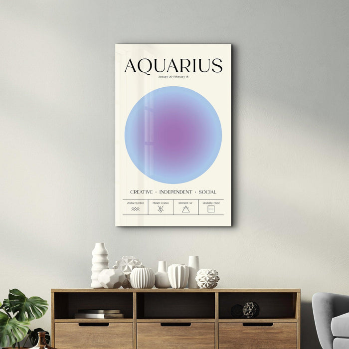 Aquarius zodiac glass wall art from Artdesigna Aura Collection, featuring intricate Aquarius symbol design on clear glass.