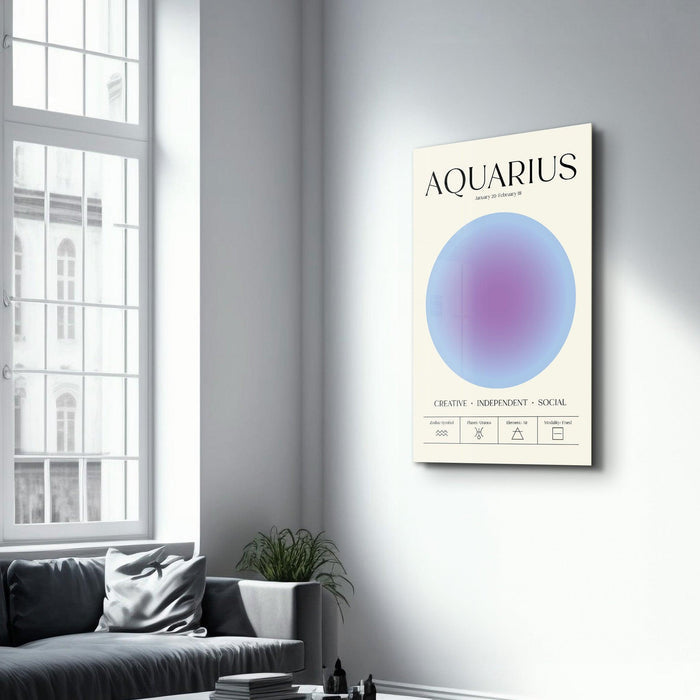 Aquarius zodiac glass wall art from Artdesigna's Aura Collection featuring a sleek, modern design with blue and gold accents.