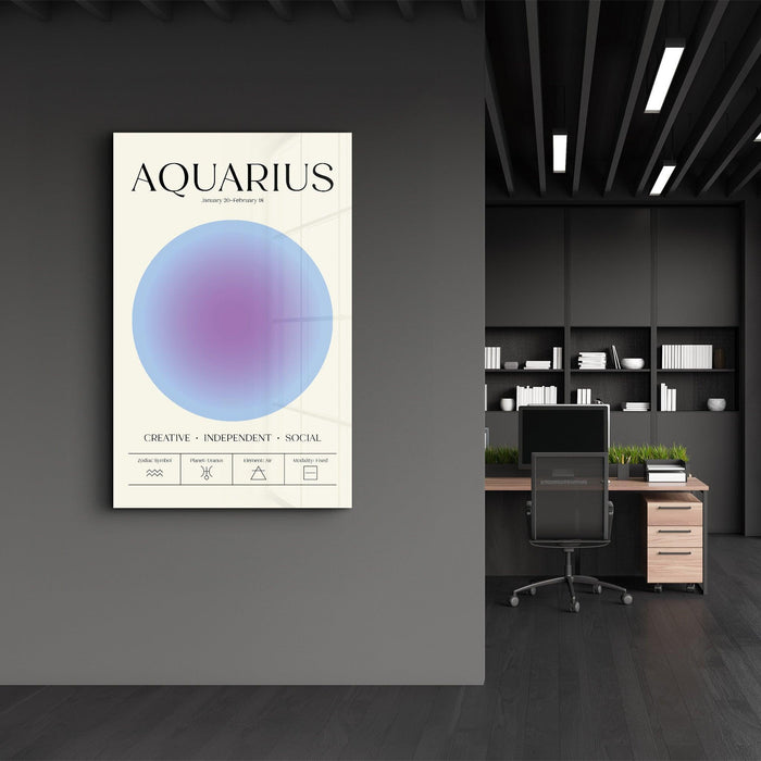 Aquarius zodiac glass wall art by Artdesigna featuring a detailed Aquarius symbol on clear glass.