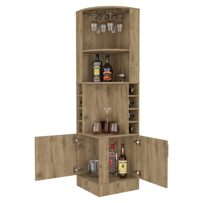 BAR ESQUINERO CELESTE, MACADAMIA, CON DOS PUERTAS Y ESPACIO PORTA COPAS