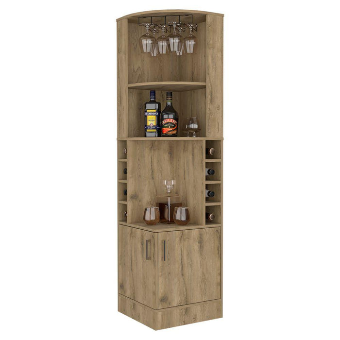 BAR ESQUINERO CELESTE, MACADAMIA, CON DOS PUERTAS Y ESPACIO PORTA COPAS