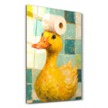 Glass wall art by Artdesigna featuring a playful duck and bath scene, designed for bathroom decor, measuring 16x10 inches.