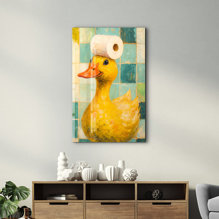 Artdesigna glass wall art featuring a playful duck design, perfect for bathroom decor, measuring 16x10 inches.