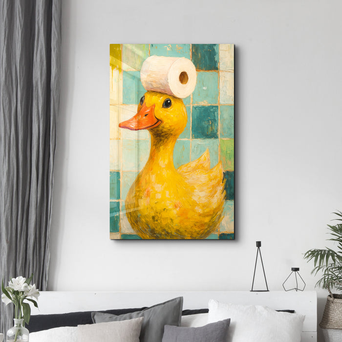 Artdesigna glass wall art featuring a playful duck design for bath time decor, measuring 16x10 inches.