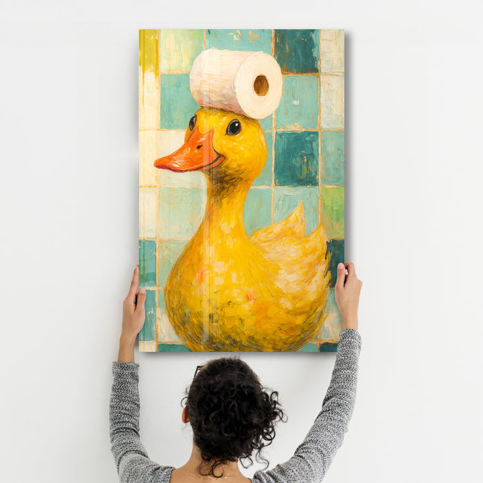Artdesigna glass wall art featuring a playful bath time duck design, perfect for decorating bathroom walls.