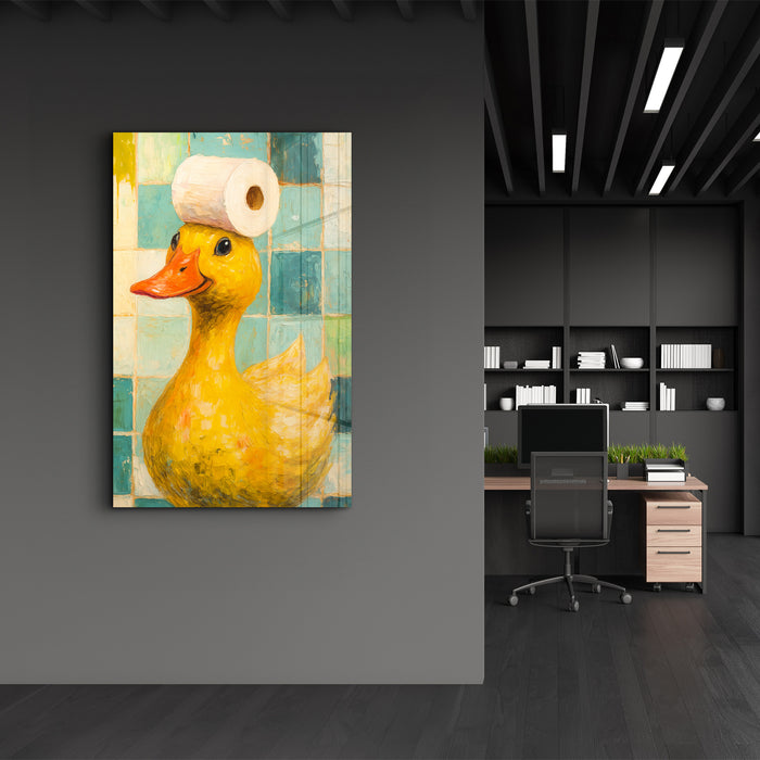 Glass wall art by Artdesigna featuring a playful duck design, perfect for bath time decor in a modern home.