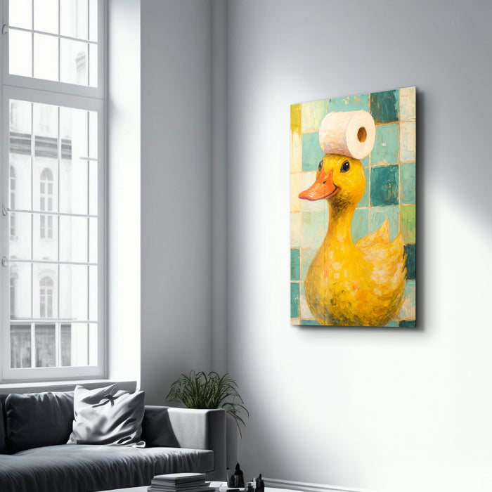 Glass wall art featuring a playful duck design for bath time decor, by Artdesigna, measuring 16x10 inches.