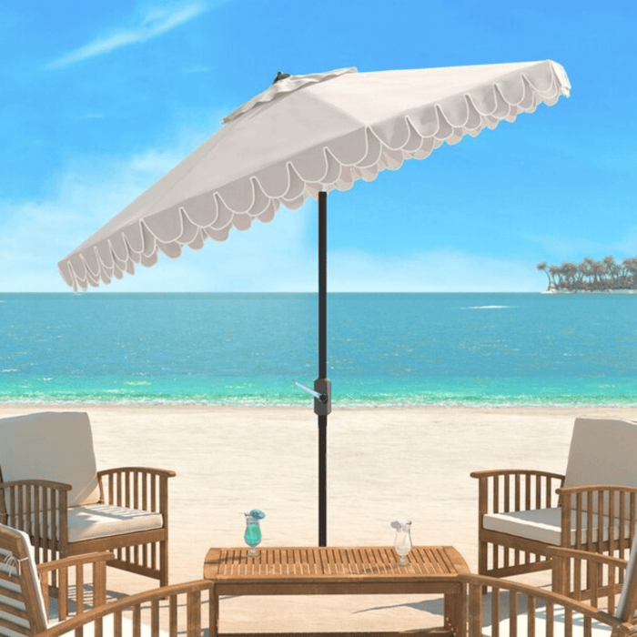 Beige and White Adjustable Outdoor Umbrella With Scalloped Trim - Outdoor Umbrellas - The Well Appointed House