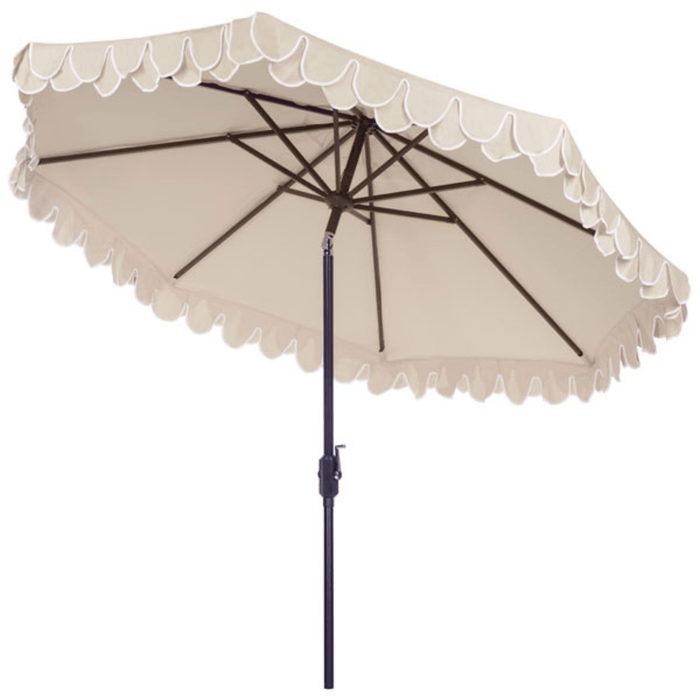 Beige and White Adjustable Outdoor Umbrella With Scalloped Trim - Outdoor Umbrellas - The Well Appointed House