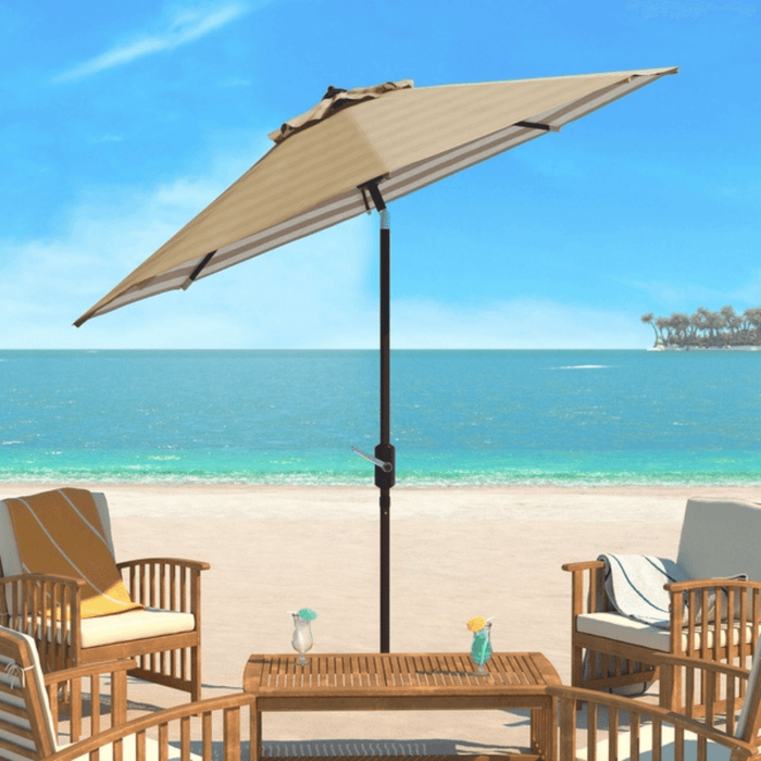 Beige and White Outdoor Crank Umbrella With Striped Interior - Outdoor Umbrellas - The Well Appointed House