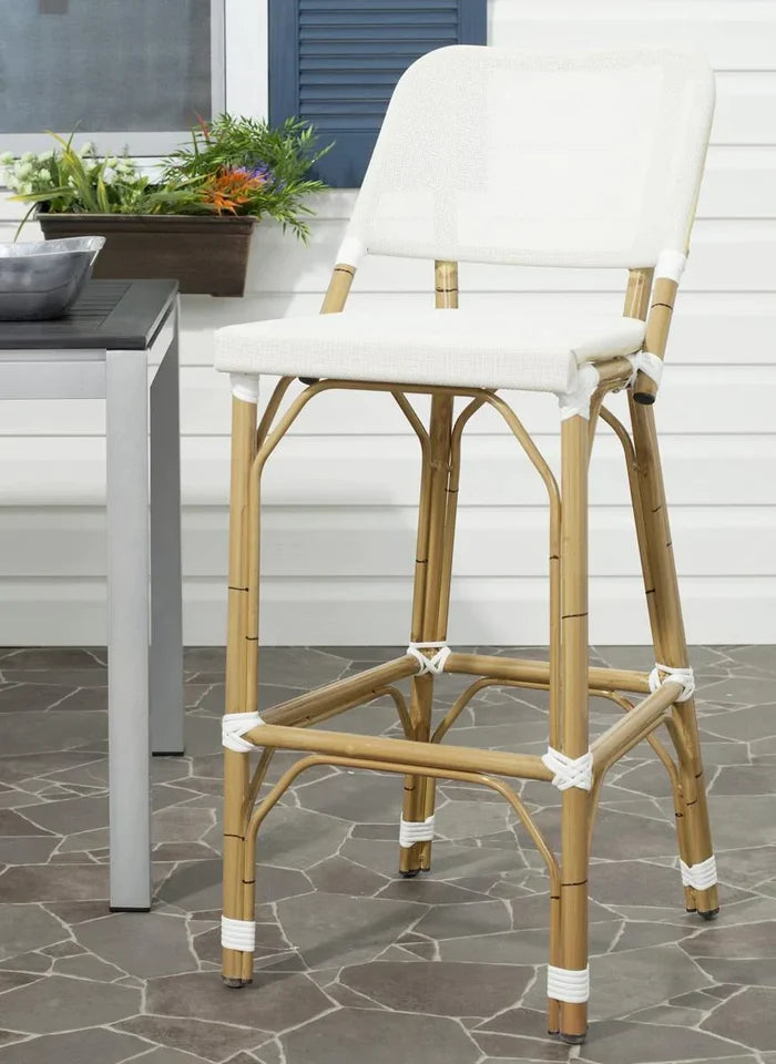 Beige Indoor-Outdoor Bar Stool With Faux Bamboo Frame - Outdoor Bar & Counter Stools - The Well Appointed House