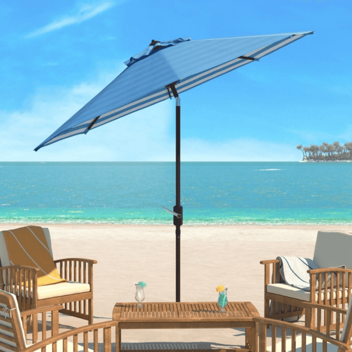 Blue and White Outdoor Crank Umbrella With Striped Interior - Outdoor Umbrellas - The Well Appointed House