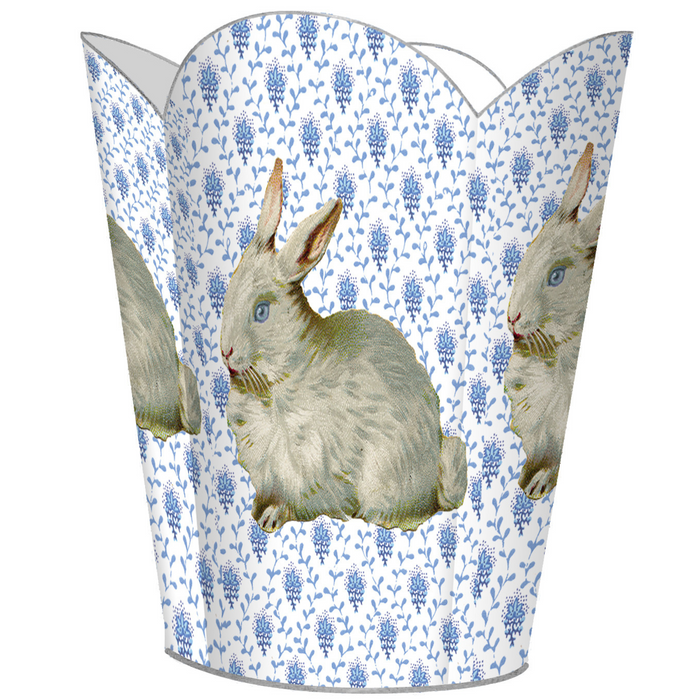 Blue Provincial Print with Bunny Decoupage Wastebasket and Optional Tissue Box Cover - Wastebasket Sets - The Well Appointed House