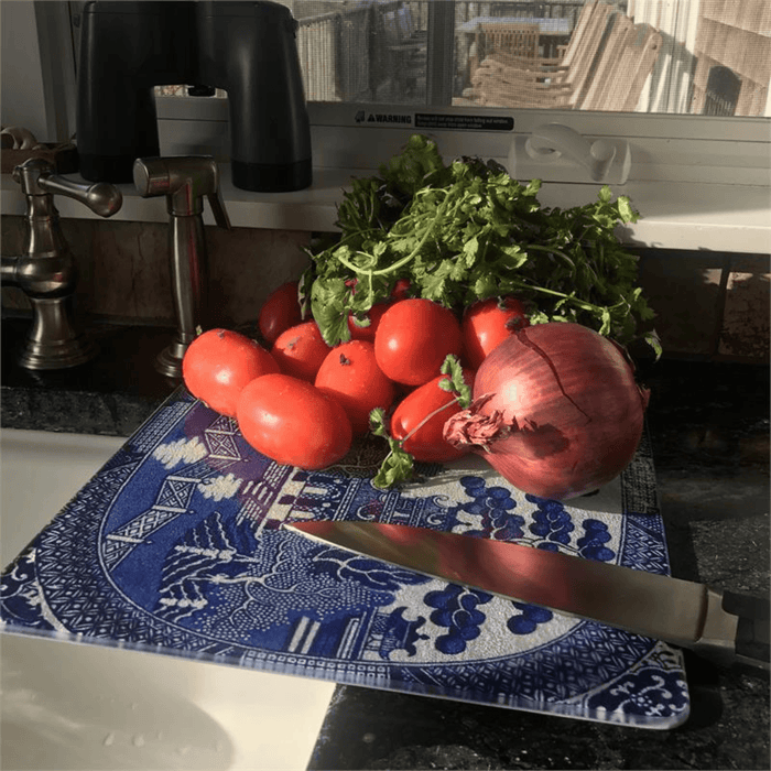 Blue Willow Glass Cutting Board, Available in Two Different Sizes - Cutting & Cheese Boards - The Well Appointed House