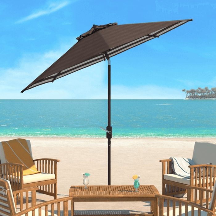 Brown and White Outdoor Crank Umbrella With Striped Interior - Outdoor Umbrellas - The Well Appointed House
