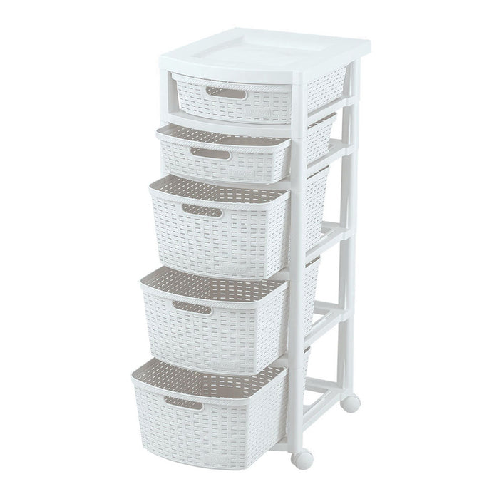 Cajonero Apariencia Rattan 2 Gavetas Bajas + 3 Gavetas Altas Blanco Nieve