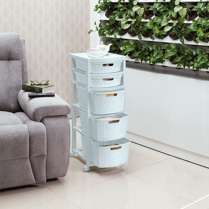 Cajonero Apariencia Rattan 2 Gavetas Bajas + 3 Gavetas Altas Blanco Nieve