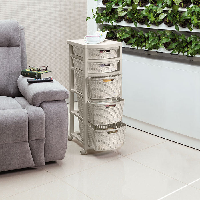 Cajonero Apariencia Rattan 2 Gavetas Bajas + 3 Gavetas Altas Taupe